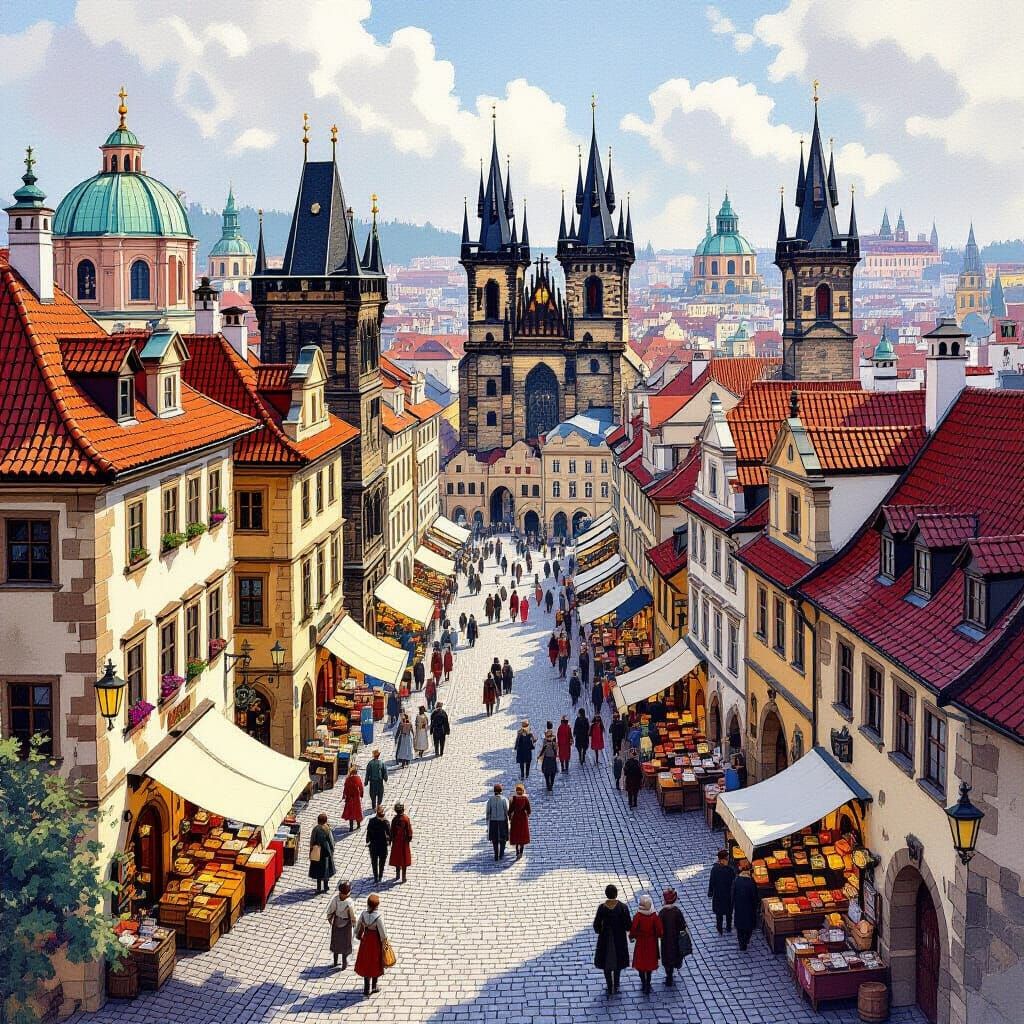 Bustling Medieval Prague Marketplace in Storybook Style