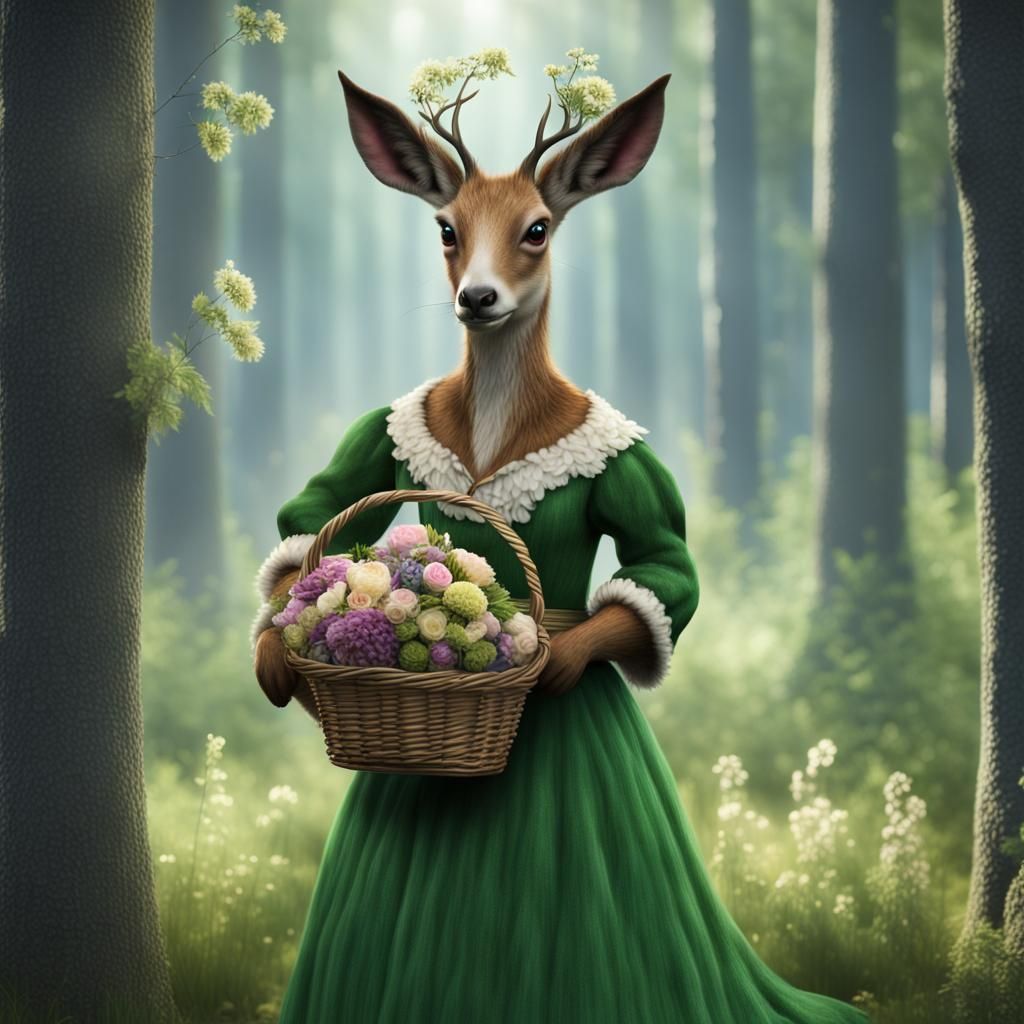 an anthropomorphic bipedal furry doe in a green peasant gown...