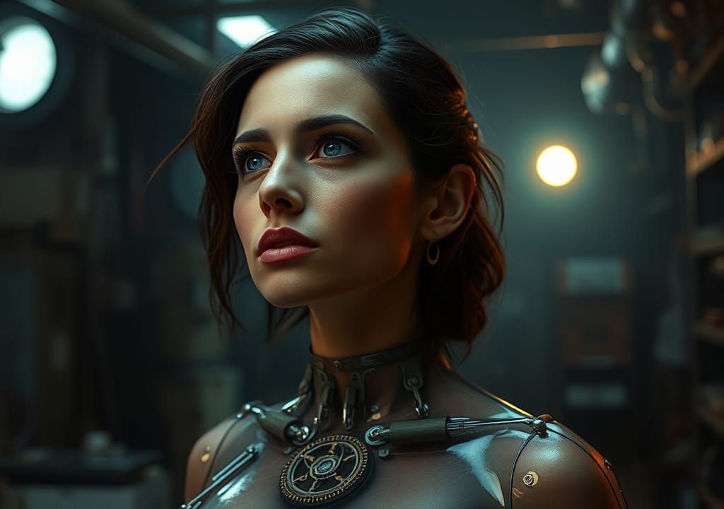 Cybernetic Woman in Industrial Lab, Biomechanical Sci-Fi