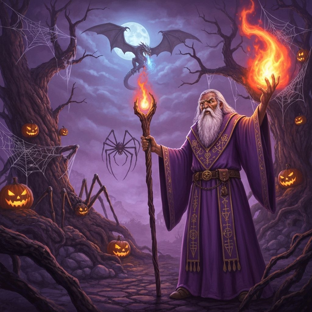 Wizard Conjures Flame Amidst Spiders, Dragons, and Halloween