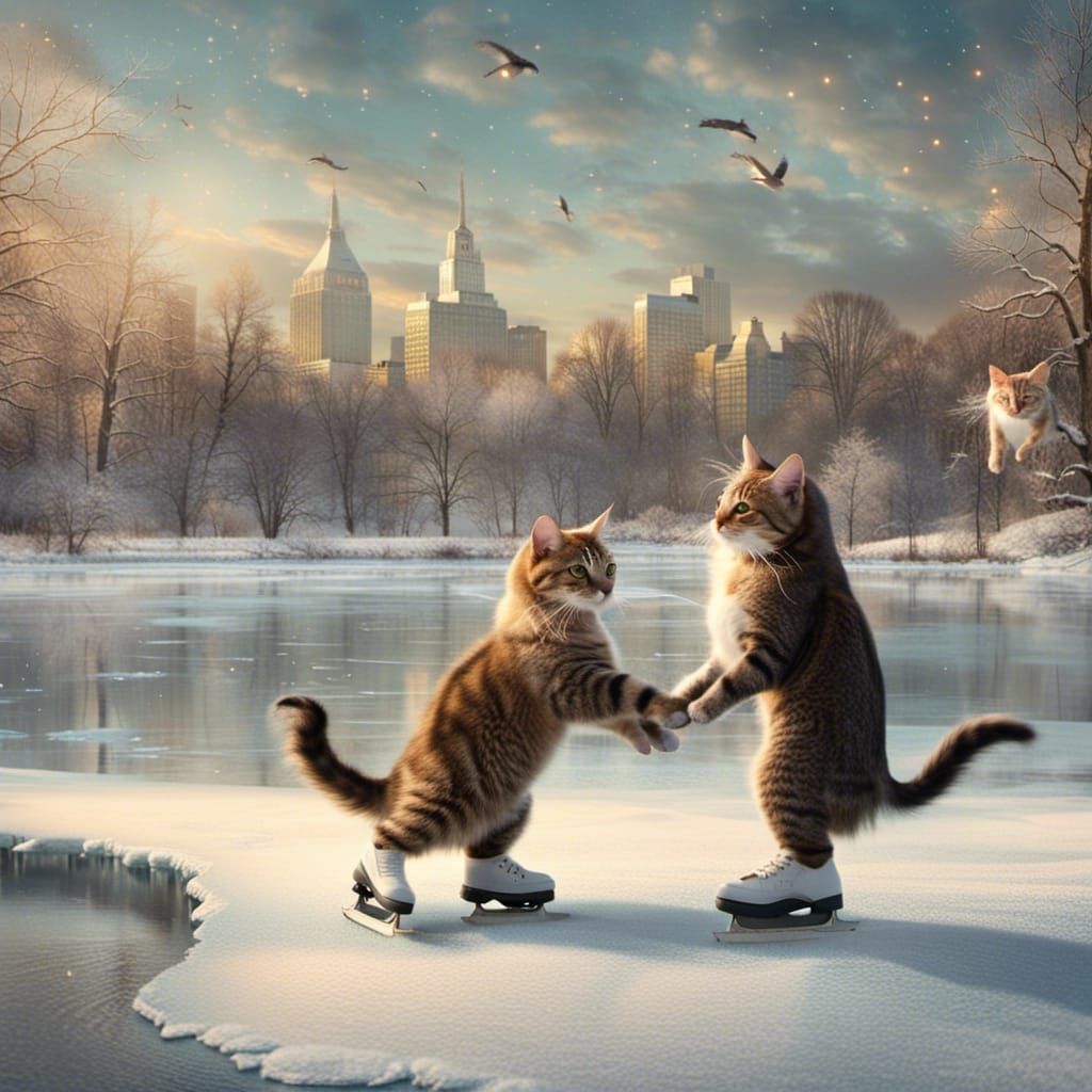 Cats Ice Skating in Winter Wonderland