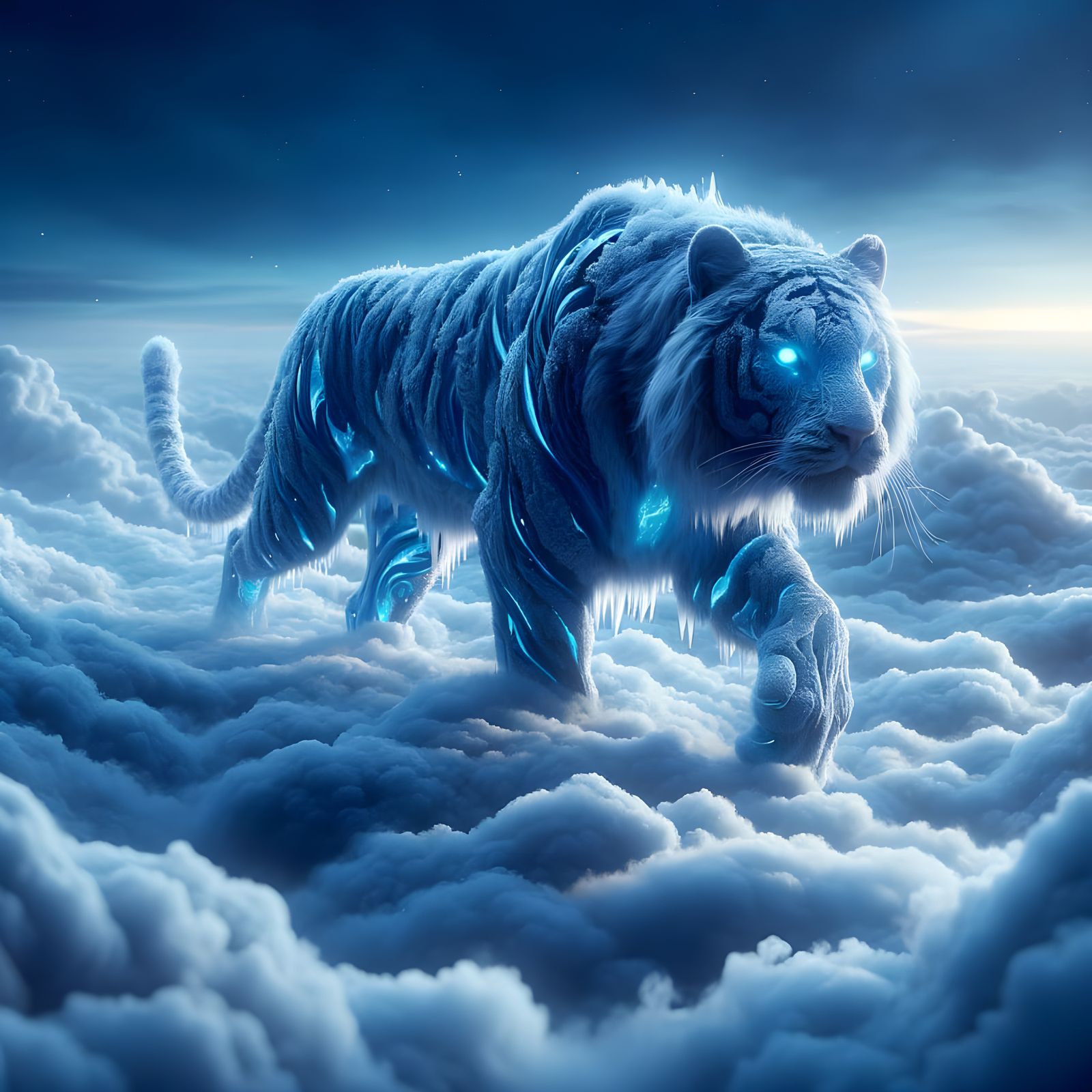 Mystical Tiger in Icy Scales Amidst Clouds