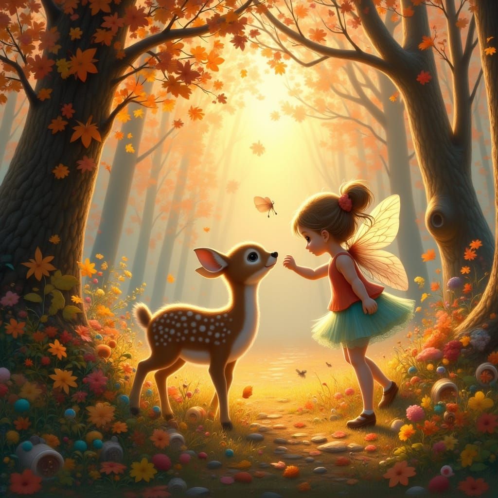 Autumn Fairy Plays With Fawn in Golden Hour Forest