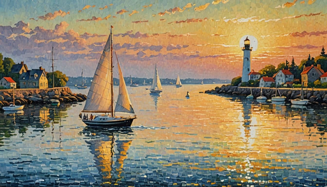 Impressionist Sailboat and Lighthouse Oil Painting