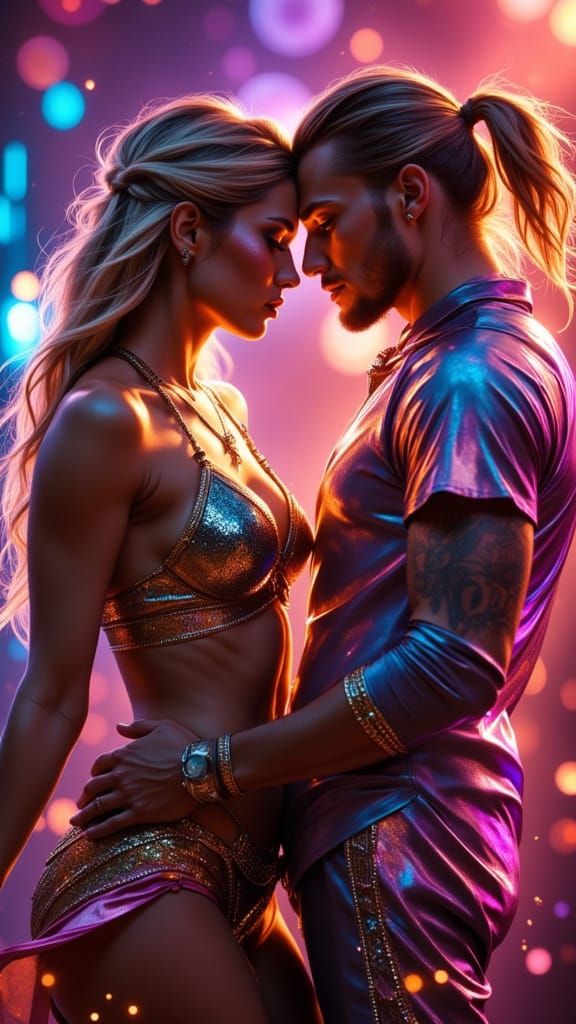 Blonde Woman Dancing in Rave Outfit with Man