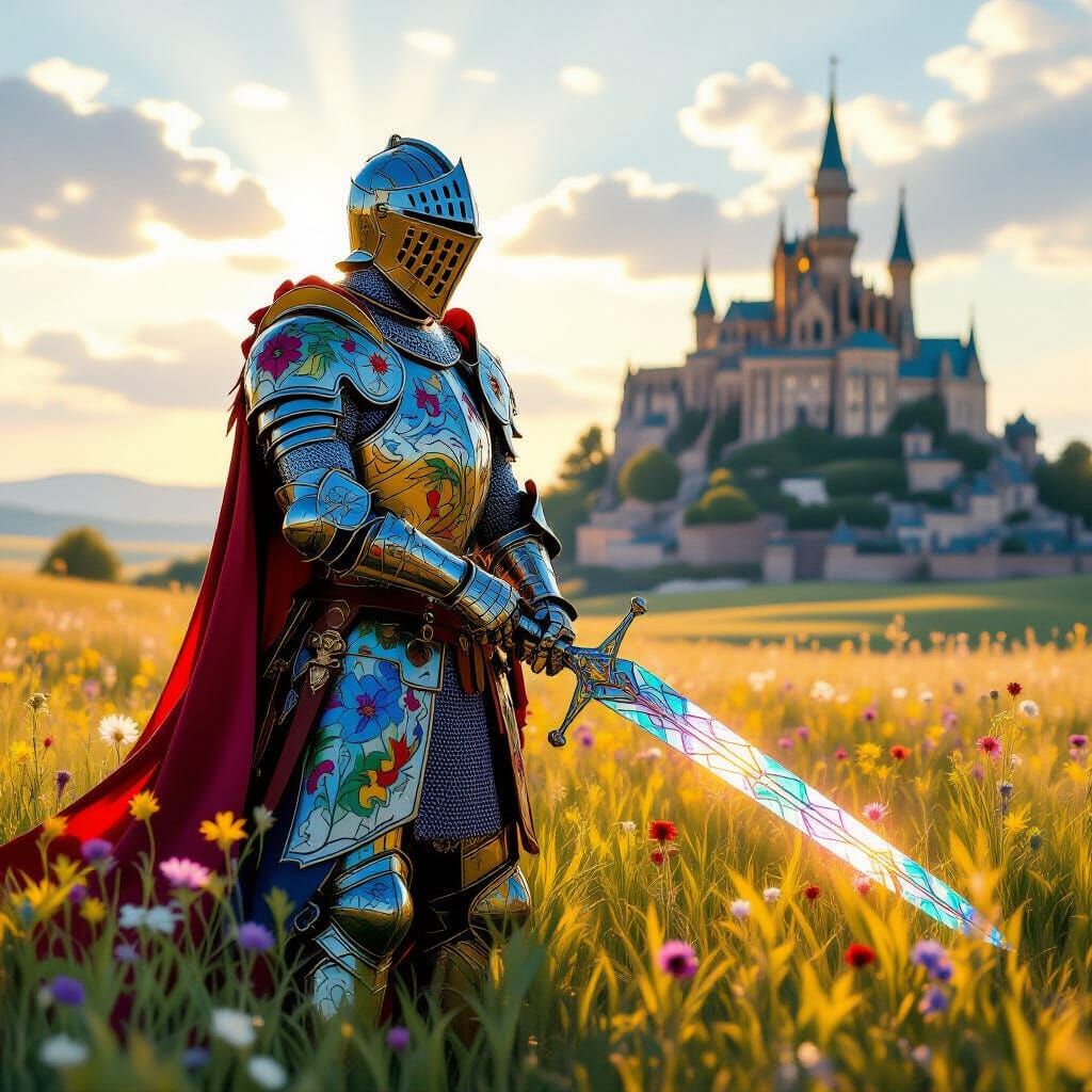 Knight in Stained Glass Armor in Sunlit Meadow