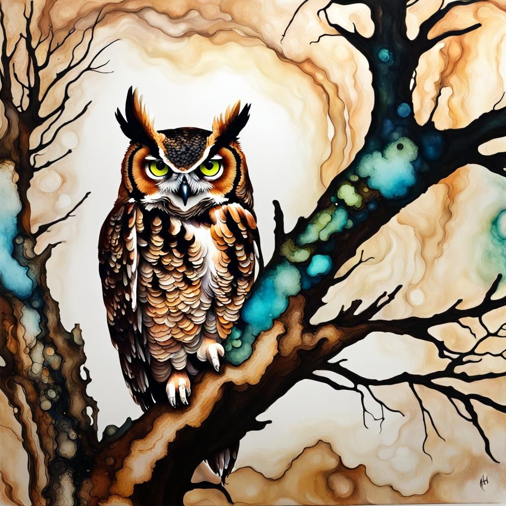 Otherworldly Alcohol Ink: Great Horned Owl