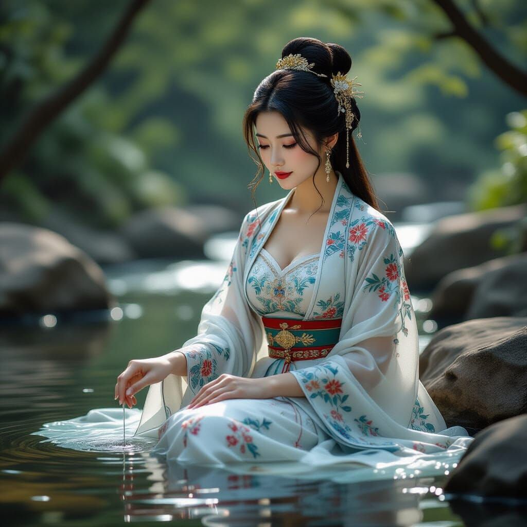Asian Woman in Ancient Dress by Stream