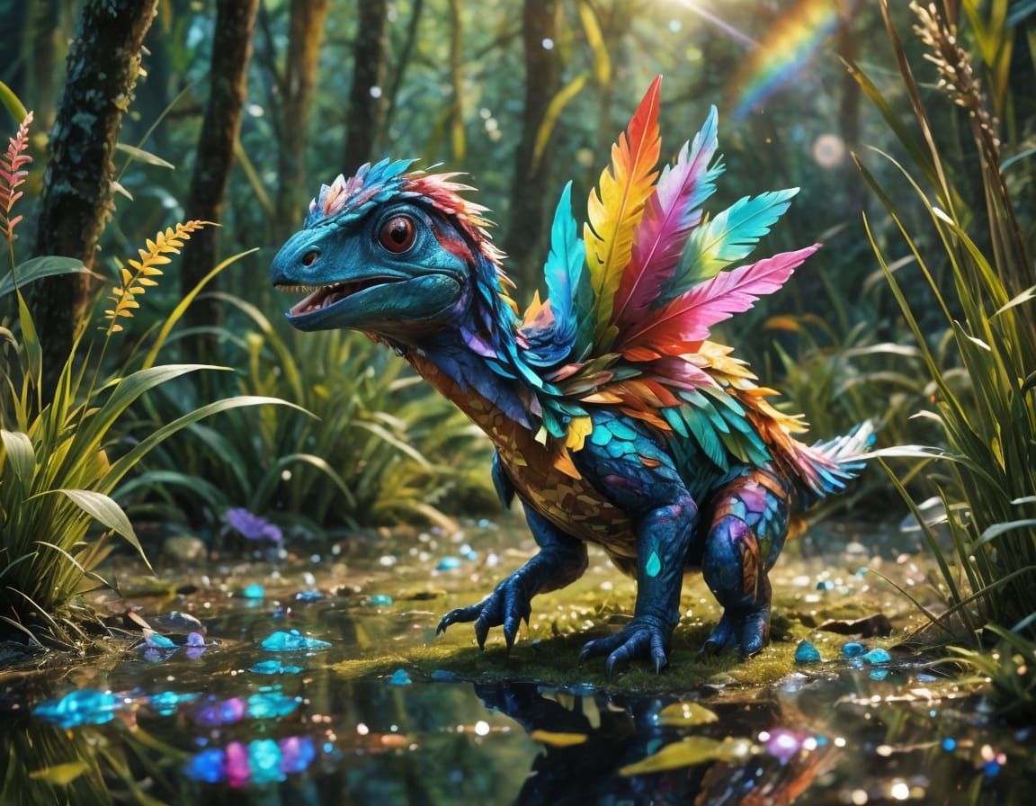 Rainbow Feathered Archaeopteryx in Crystalline Forest