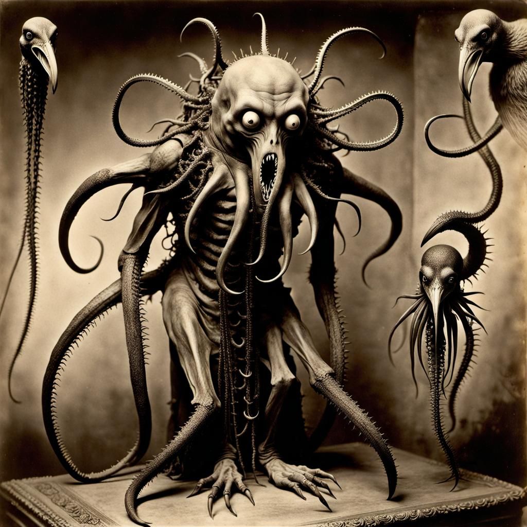 Repulsive Humanoid Loves Penguin: Sepia Horror Photograph