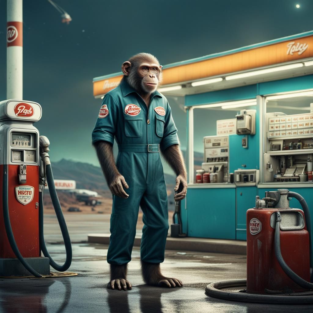 Monkey Mechanic at 1950s Gas Station, Digital Art