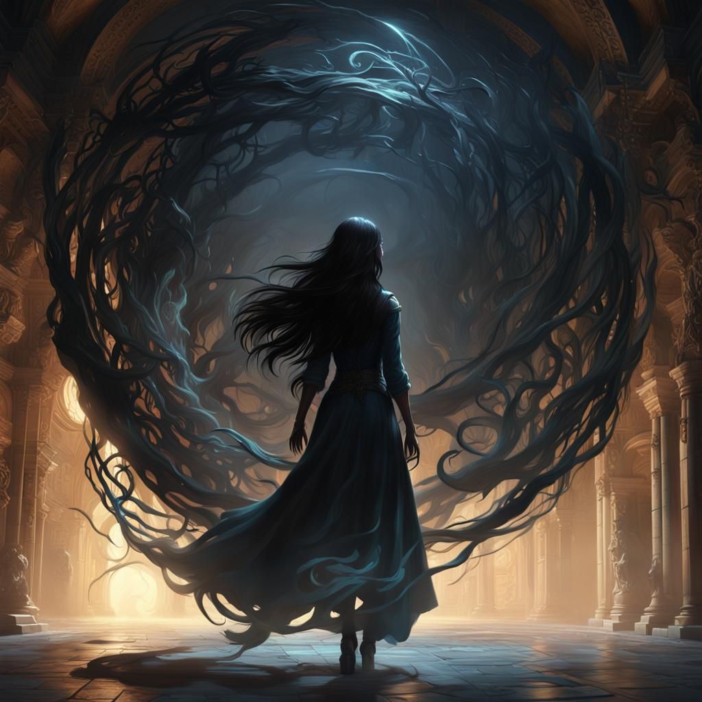 Girl Emerges from Shadow Portal in Dark Fantasy Art