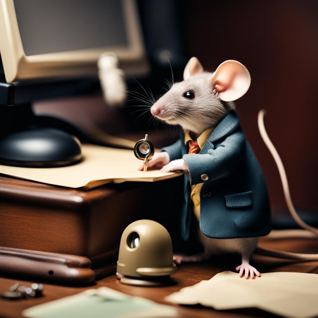 Macro Photo of a Detective Mouse on Desktop
