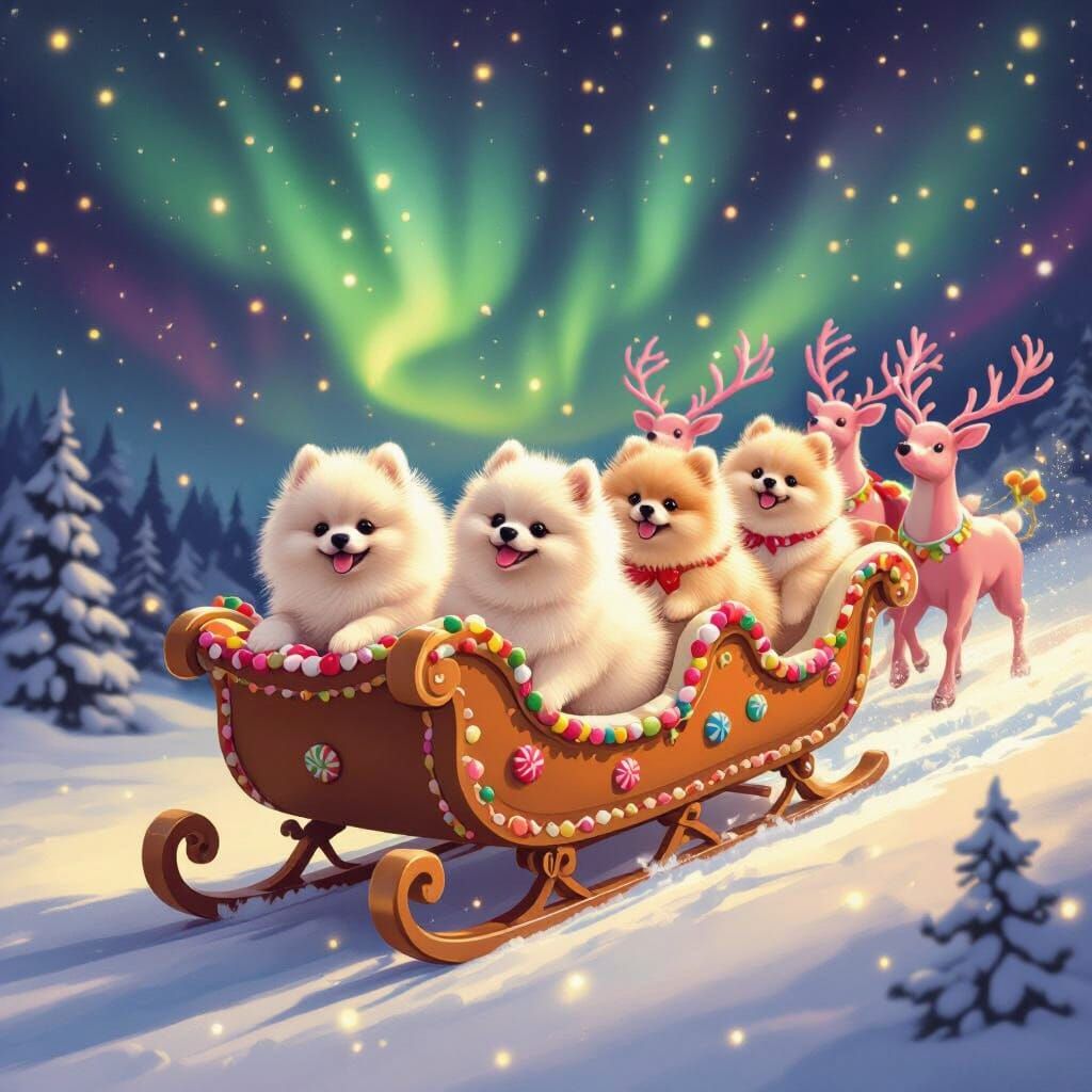 Fluffy Pomeranians Ride a Candy Sleigh with Pink Reindeer