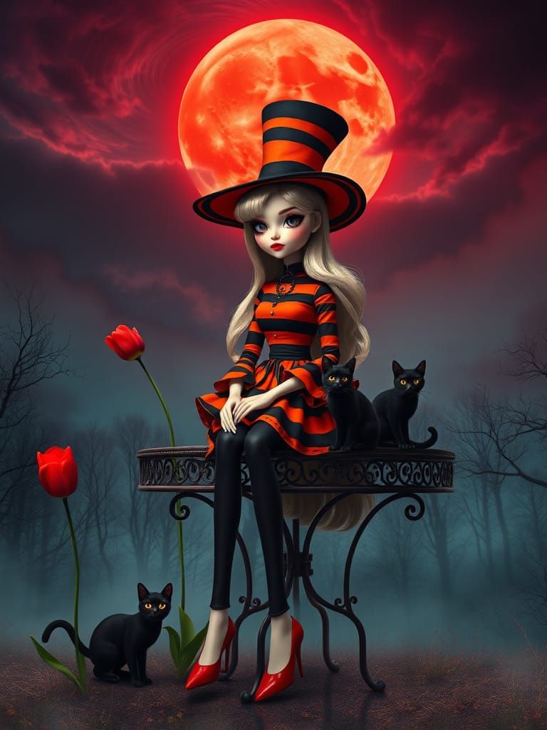 Whimsical Doll Character Under Blood Moon