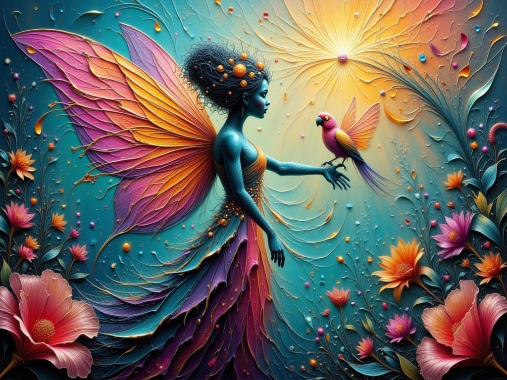 Fairy in Enchanted Forest with Colorful Parrot