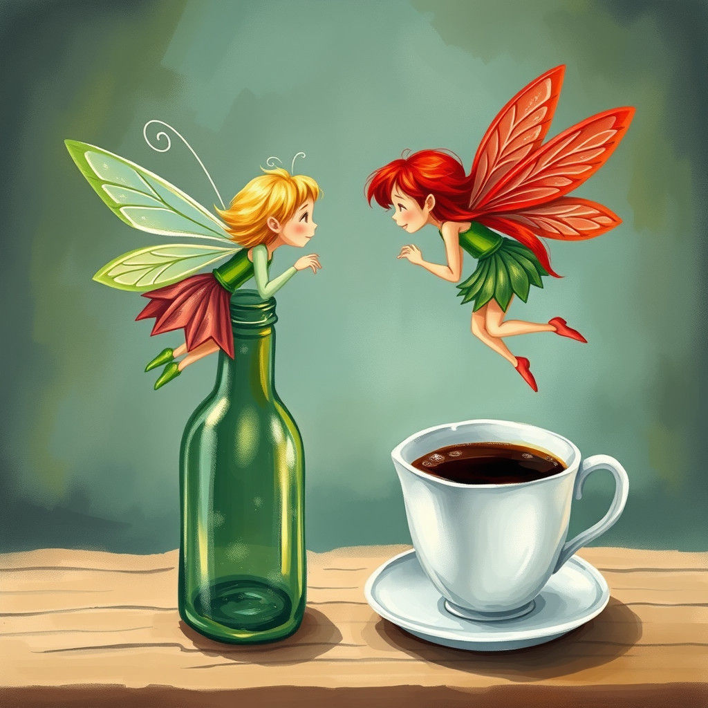 Fairies Over Bottle and Cup in Picturebook Style