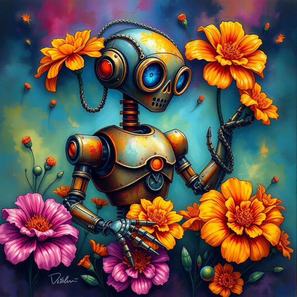 Fantasy Robot and Marigolds in Flowing Colors