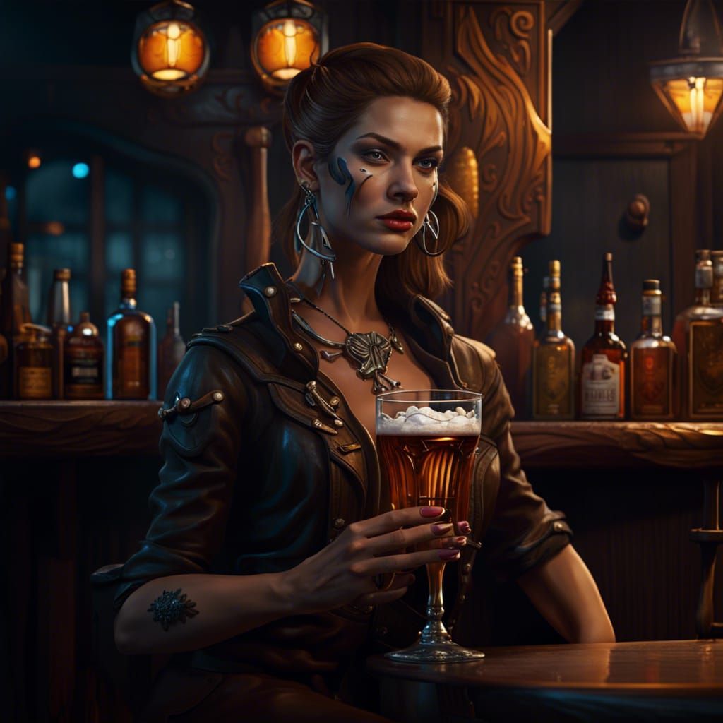 Woman Drinking Whiskey in Detailed Matte Painting