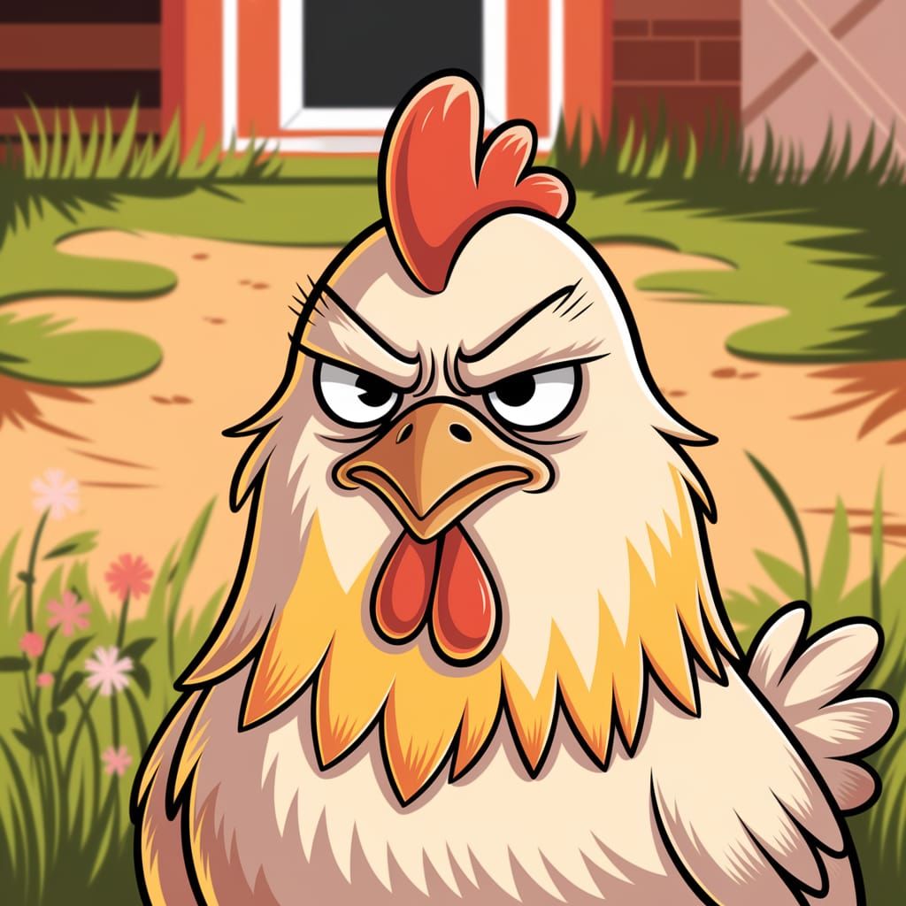 Grumpy Chicken in Whimsical Digital Art Style