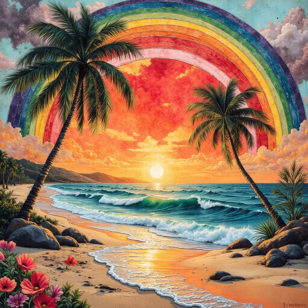 Collage Tropical Beach Sunset with Giant Rainbow
