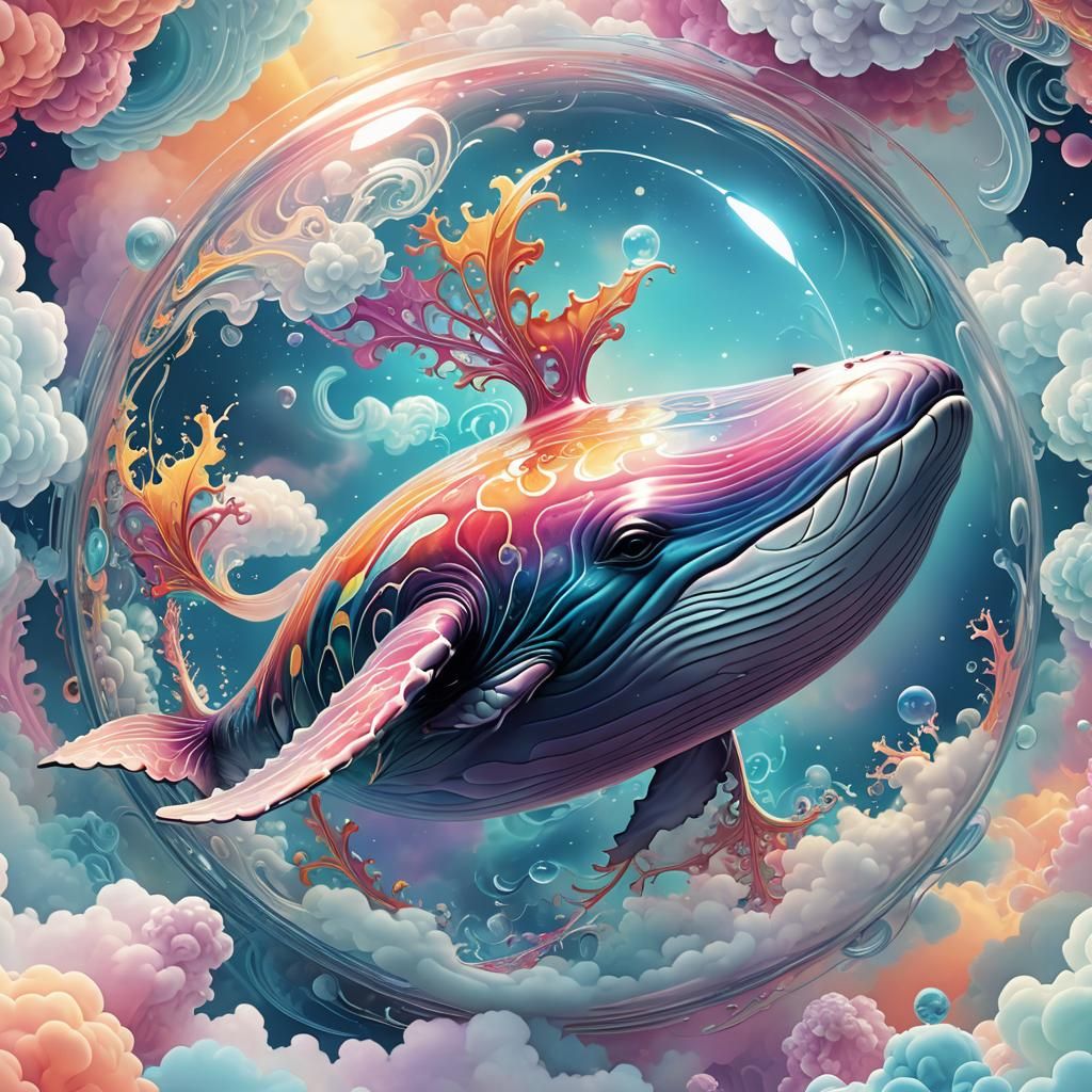 Giant Whale Trapped in Orb Floating in Clouds