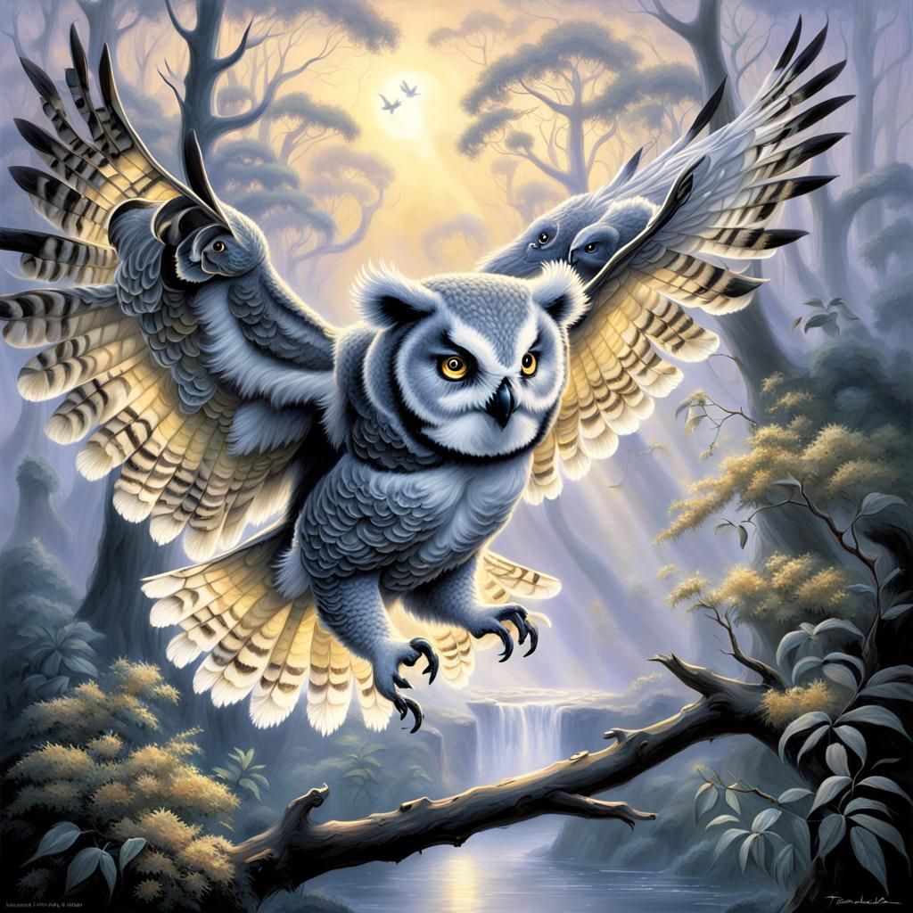 Owl-Koala Hybrid Creature in Ethereal Fantasy Style