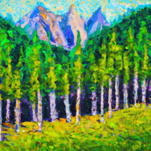 Surreal Impressionistic Forest Painting with Mountains