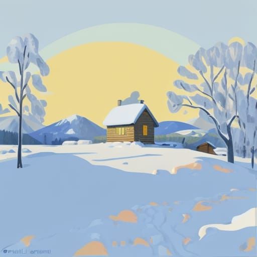 Solitary Cabin in Snow, Bathed in Warm Sunlight