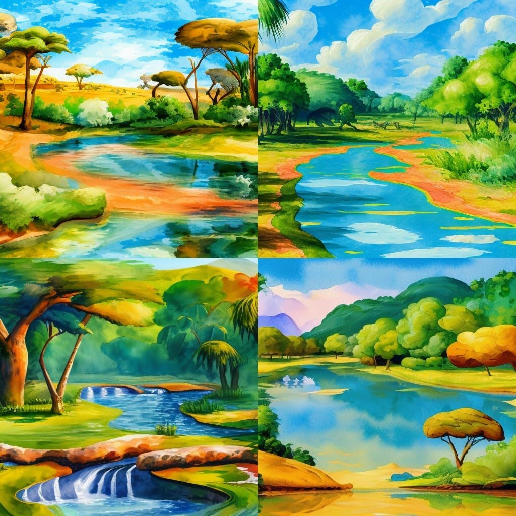 African Savannah Lazy River in Gouache Style