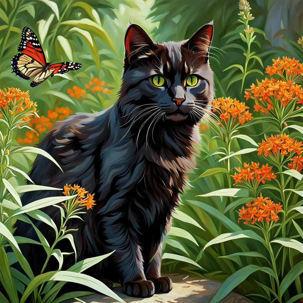 Brown Cat in Butterfly Weed, Anime Style