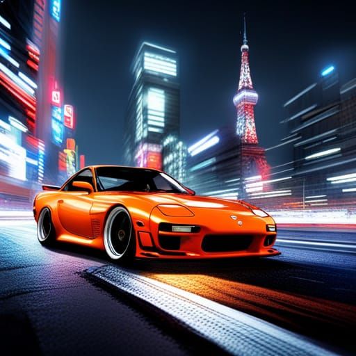Tokyo Night Street with Orange RX-7 in Anime Style
