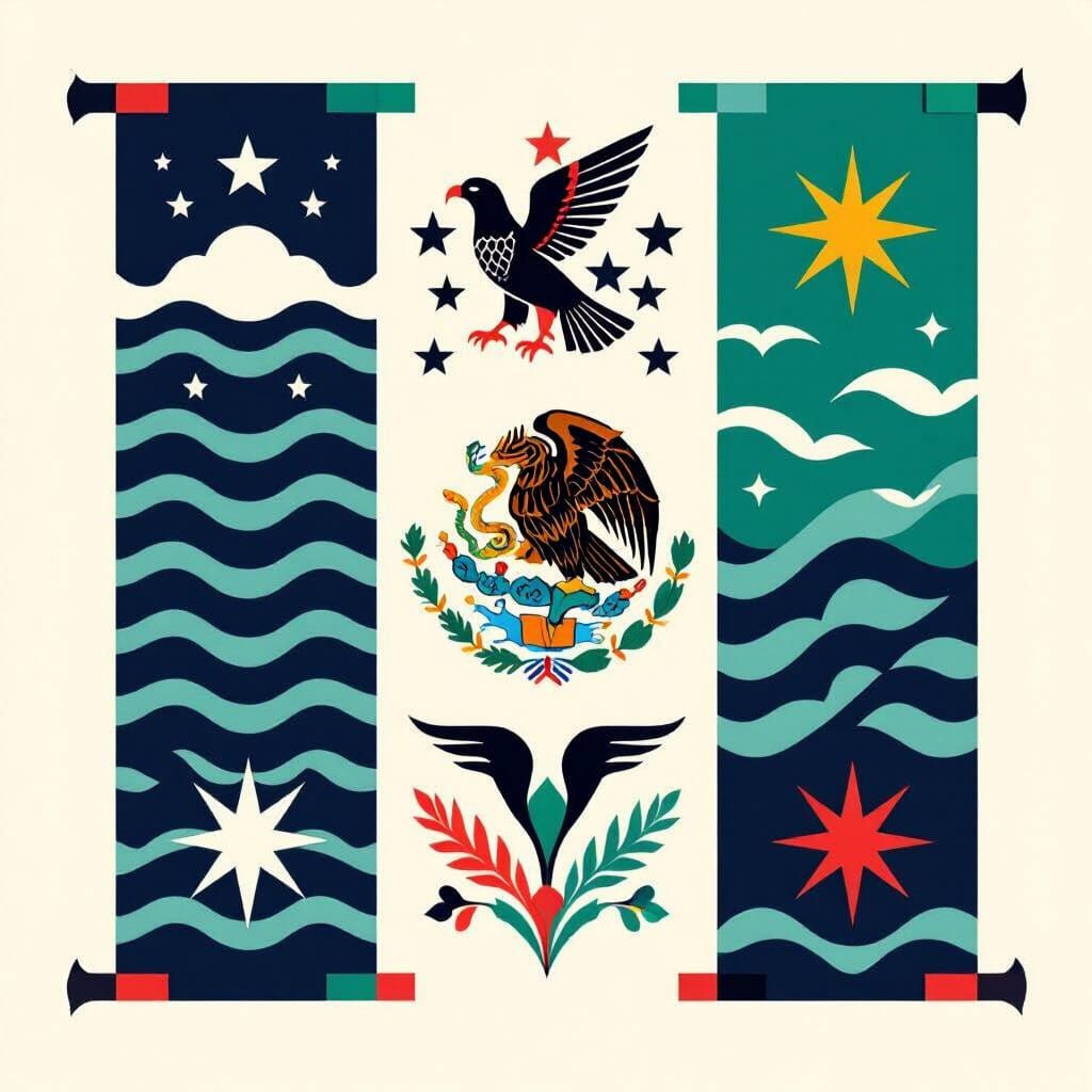 Geometric Art Deco Banner Merging Tuvalu and Mexico Flags