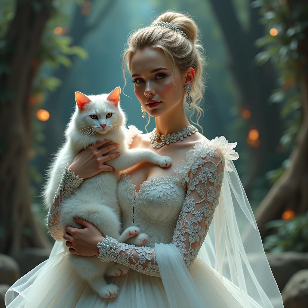 Woman in White Gown with Iridescent Cat