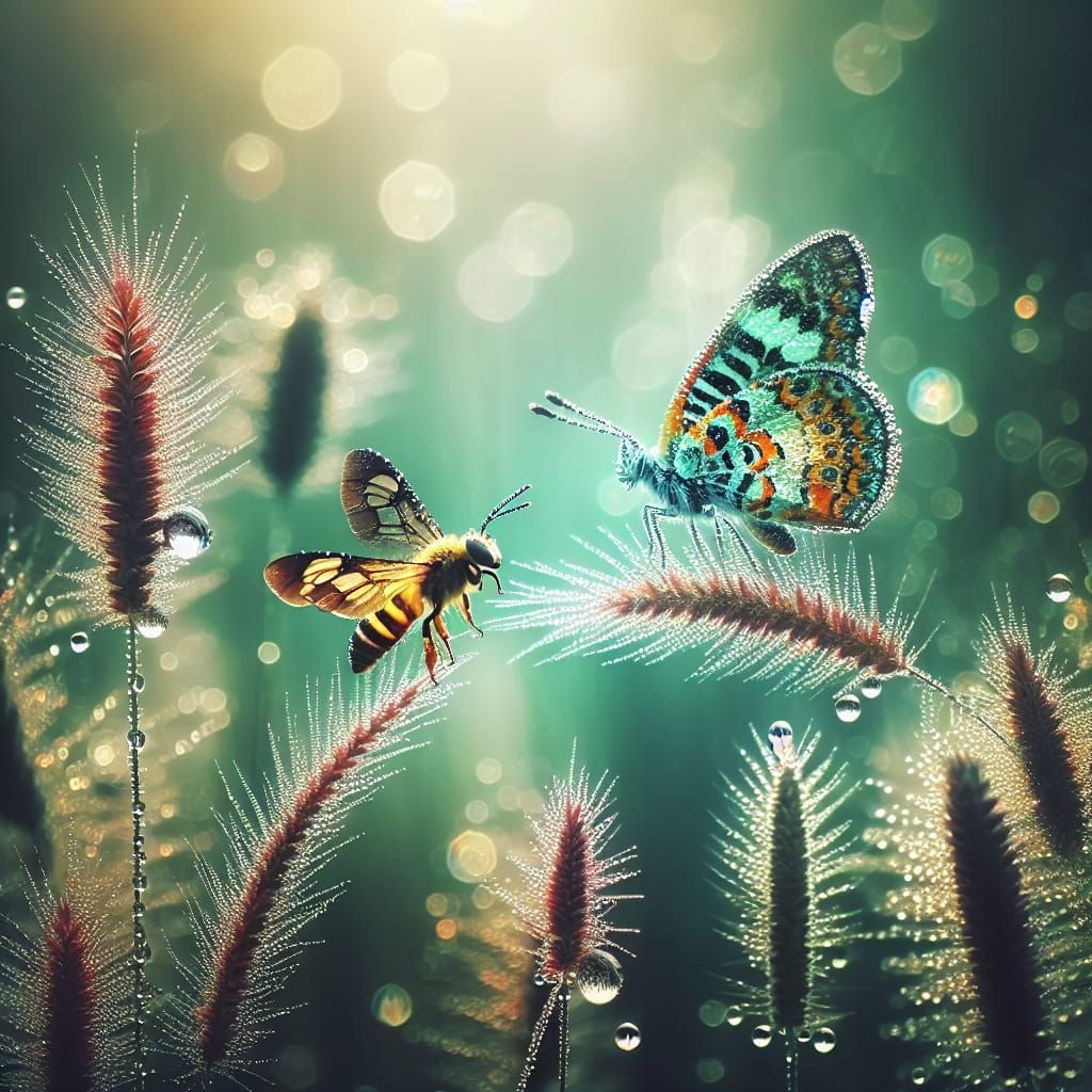 Bee and Butterfly in Dew-Kissed Grass: Transcendental Moment