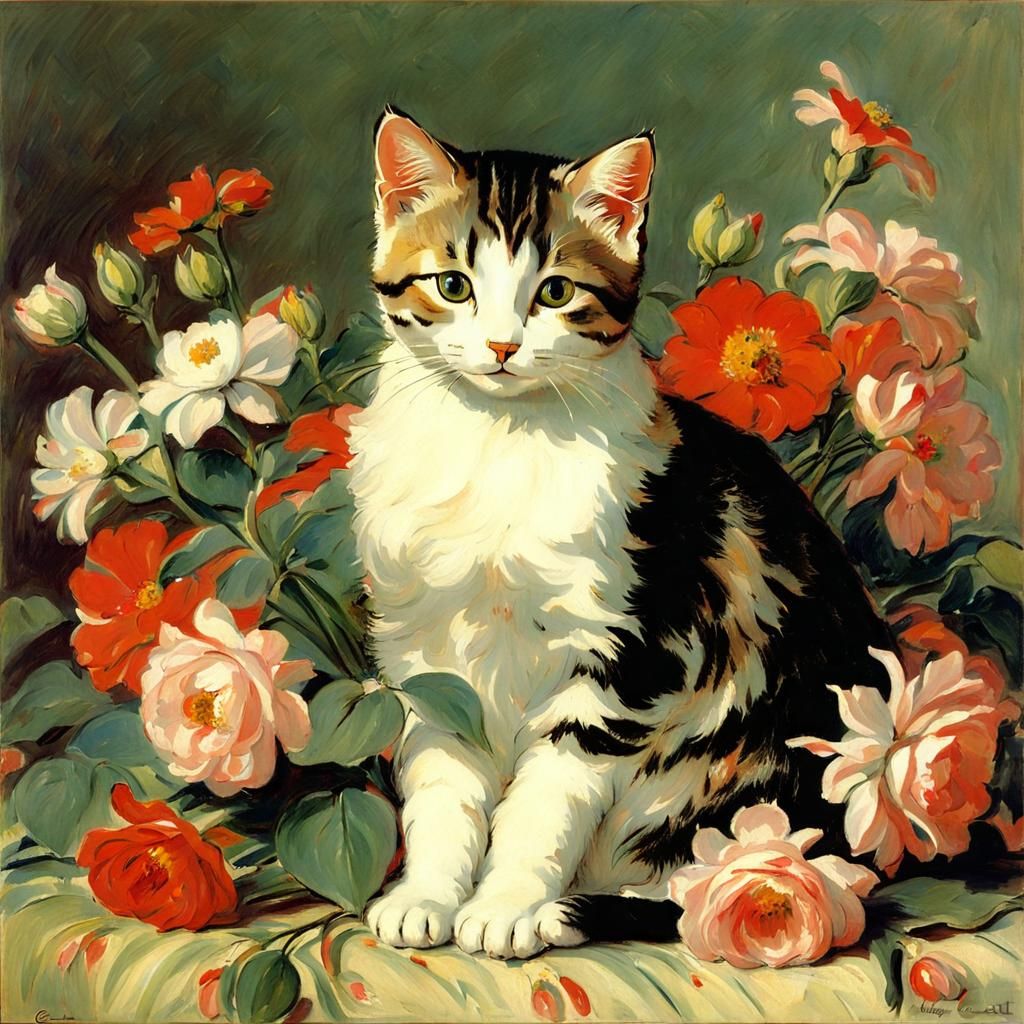 Cute Cat Surrounded by Flowers in Impressionist Style