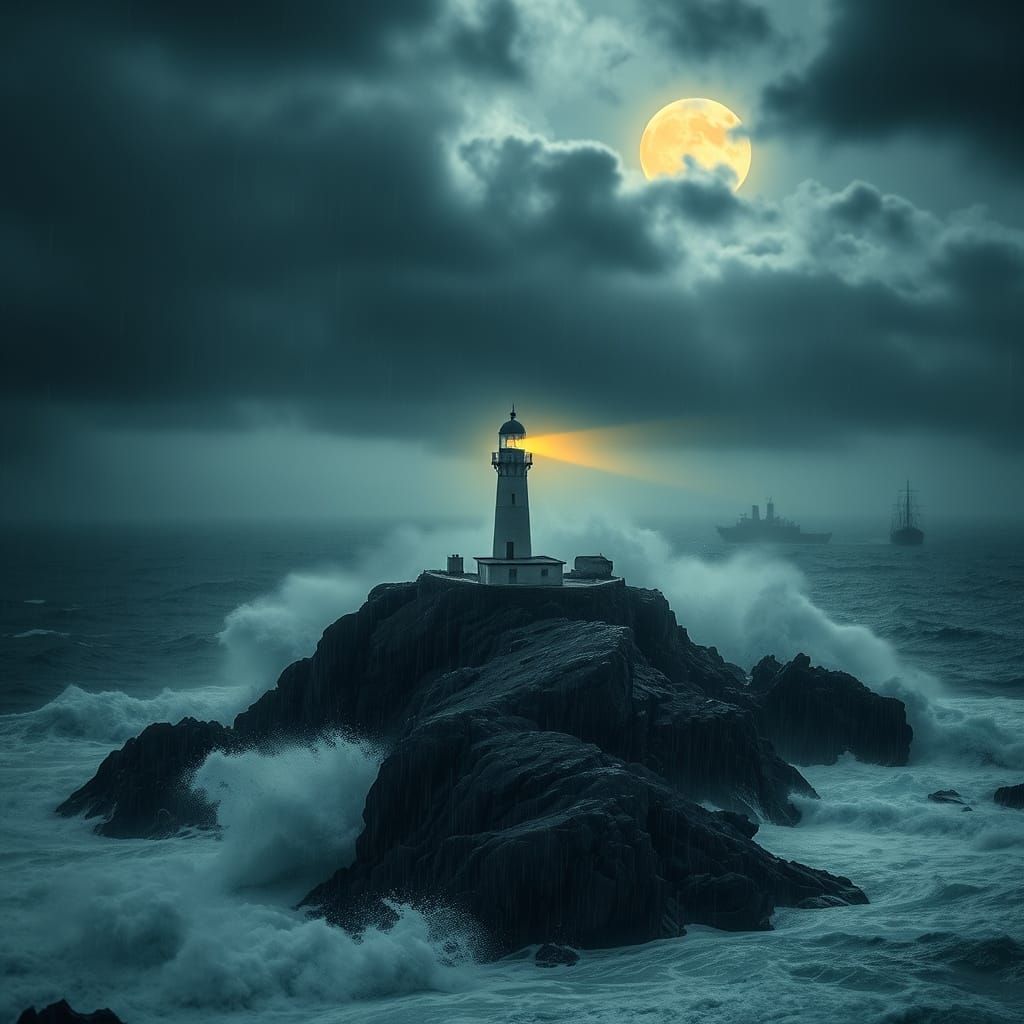 Lighthouse in Noir Style Amidst a Storm