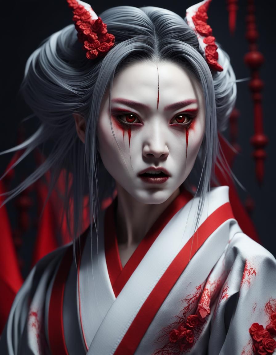 Hyperrealistic Japanese Vampire Geisha in Dark Fantasy Style