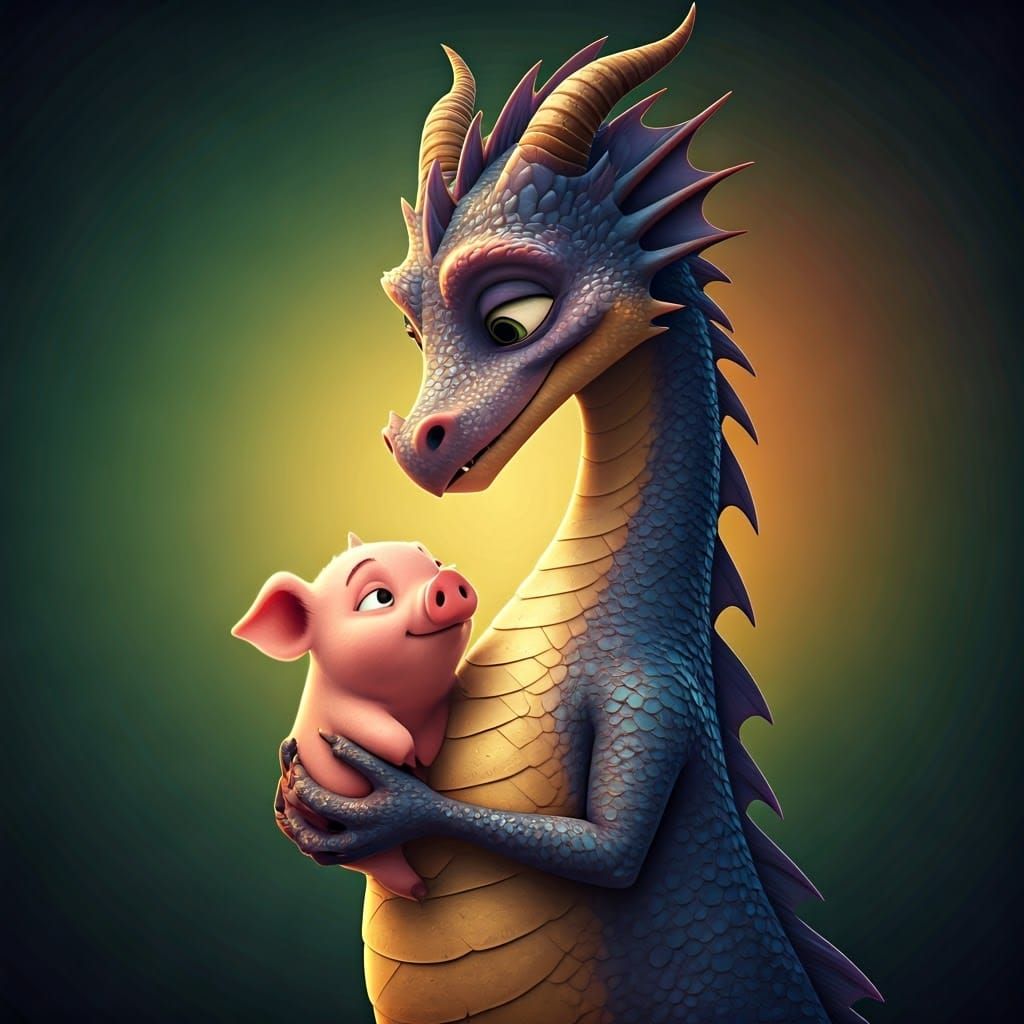 Dragon Safeguarding Piglet in a Fantastical World