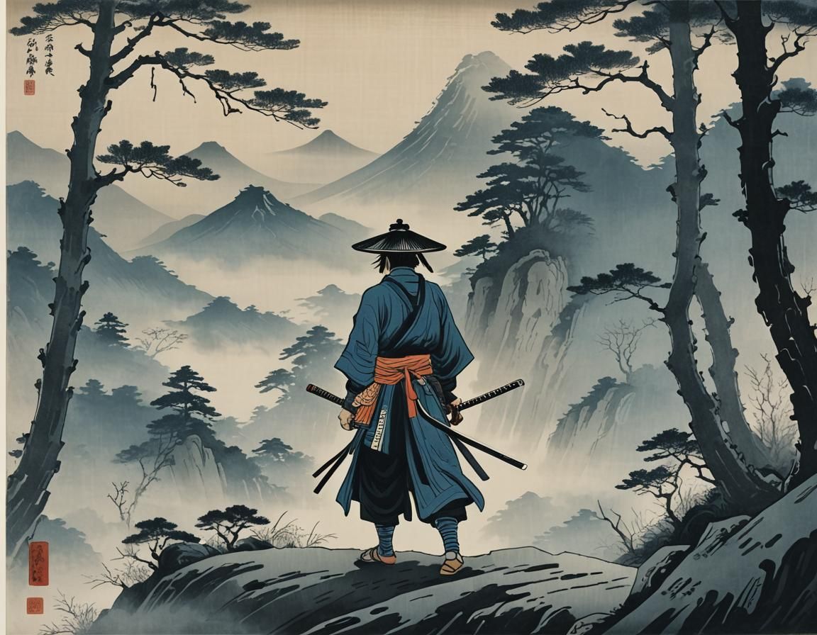 Samurai at Mountain Pass in Ukiyo-e Style