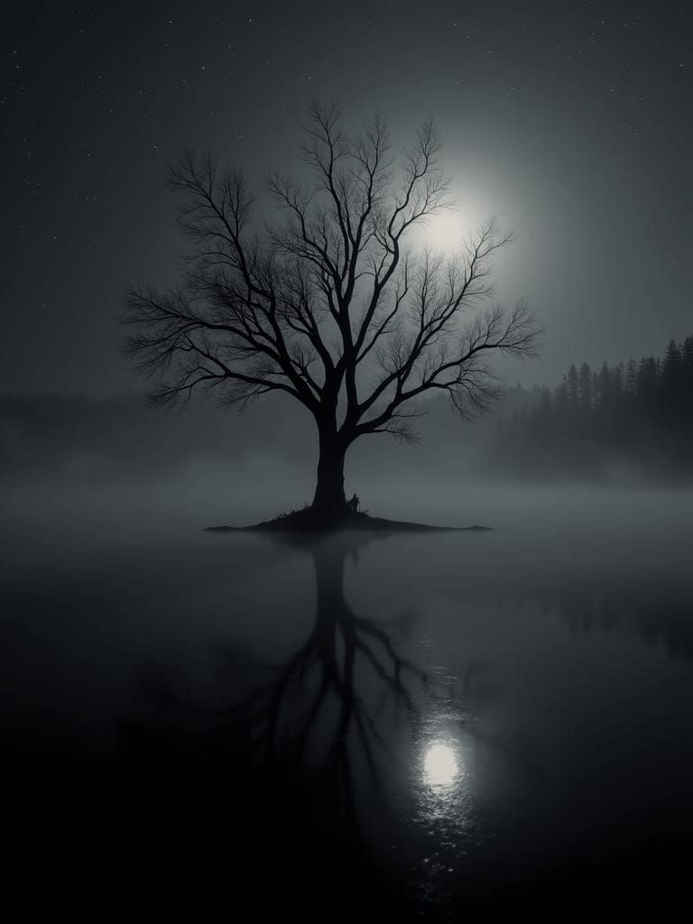 Dead Tree Island at Night in Dreamlike Style