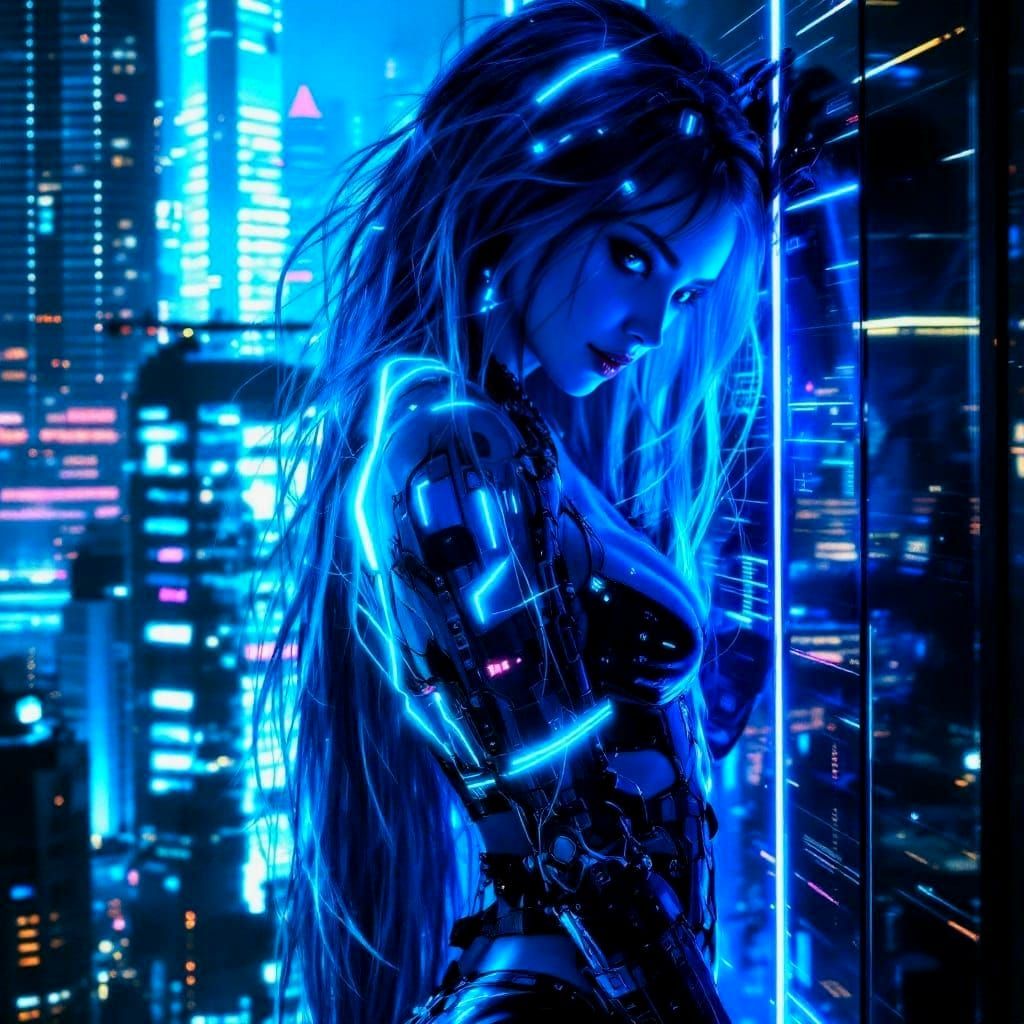 Glowing Cyberpunk Rapunzel in Edgy Urban Landscape