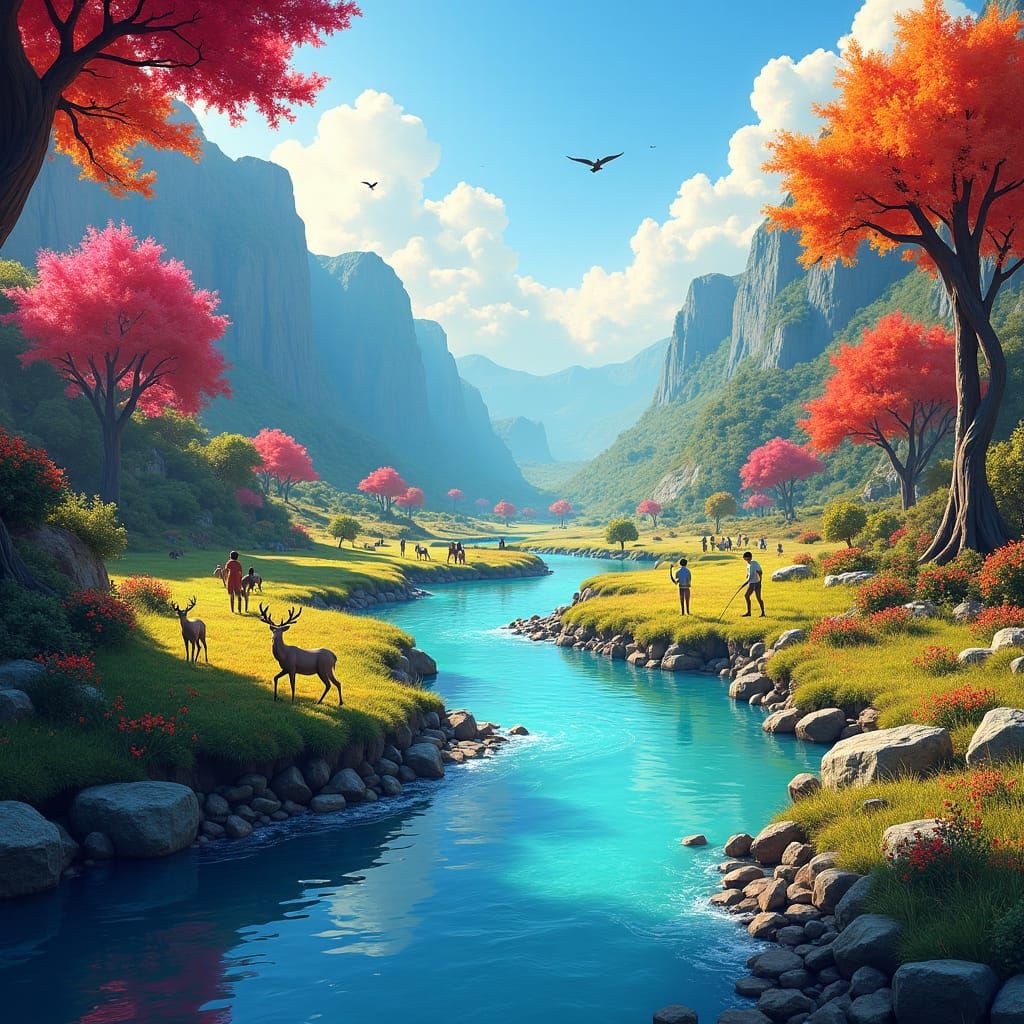 Vibrant Riverside Scene in Colorful Artistic Style