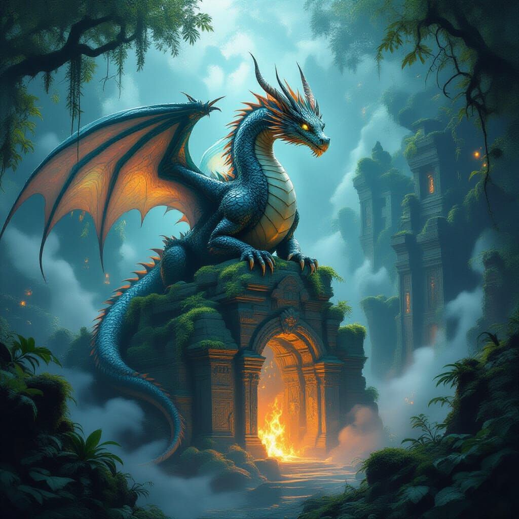 Majestic Dragon on Ruin in Bioluminescent Jungle