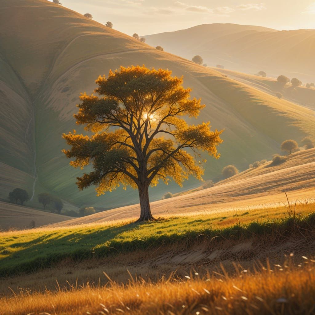 Lone Tree in Field: Vibrant Oil Painting
