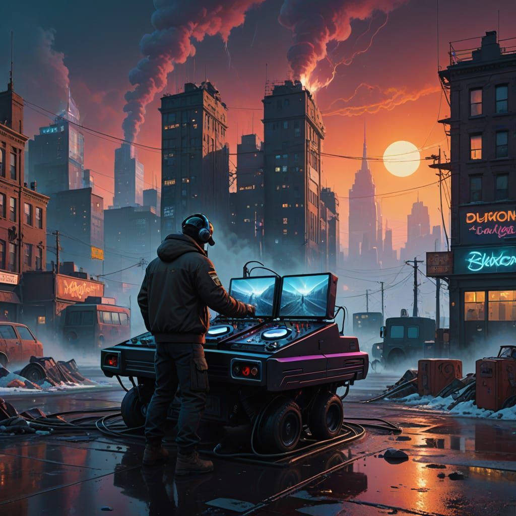 Graffiti DJ Wielding Spray Cans in Futuristic Cityscape