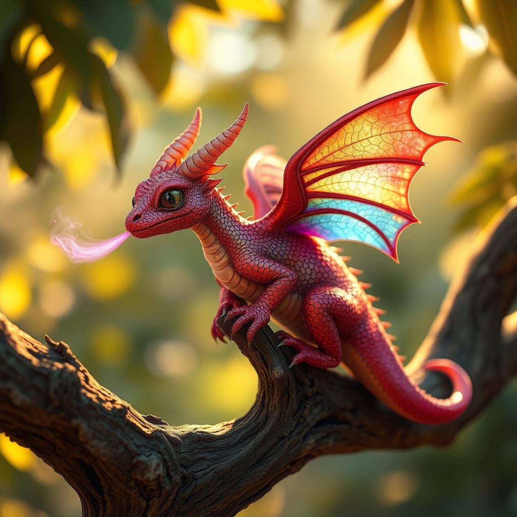 Whimsical Red Dragon perched on a Tree Branch