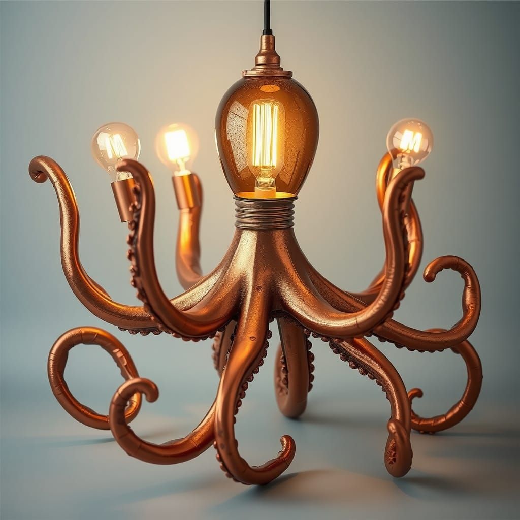 Copper Octopus Lamp with Glowing Tentacles