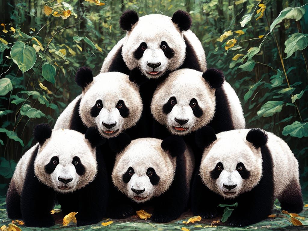 Pandas Form Pyramid in Velvet Painting Style