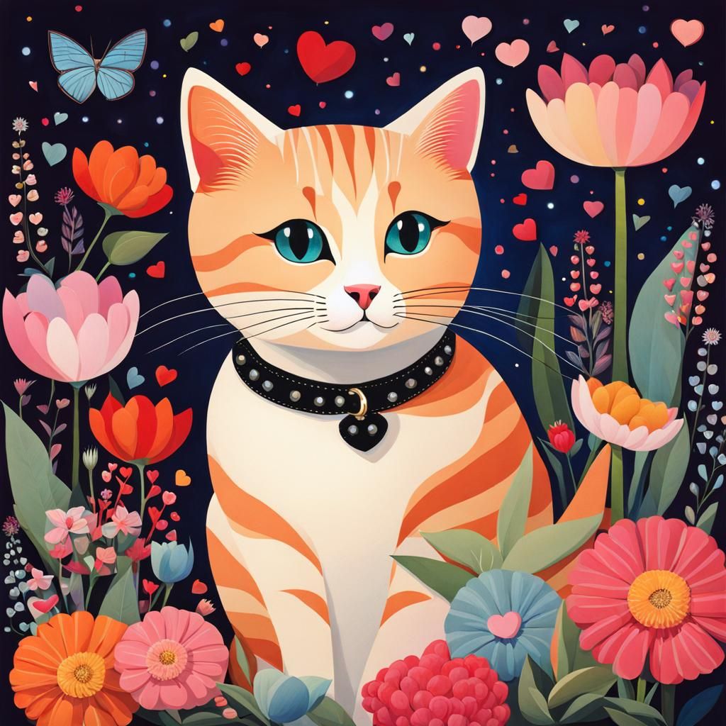 Cute Collage Cat Surrounded by Hearts and Flowers